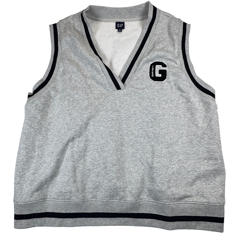 GAP 1969 Sleeveless Sweatshirt Vest Gray XL V‎ Neck Black Trim Pullover Preppy